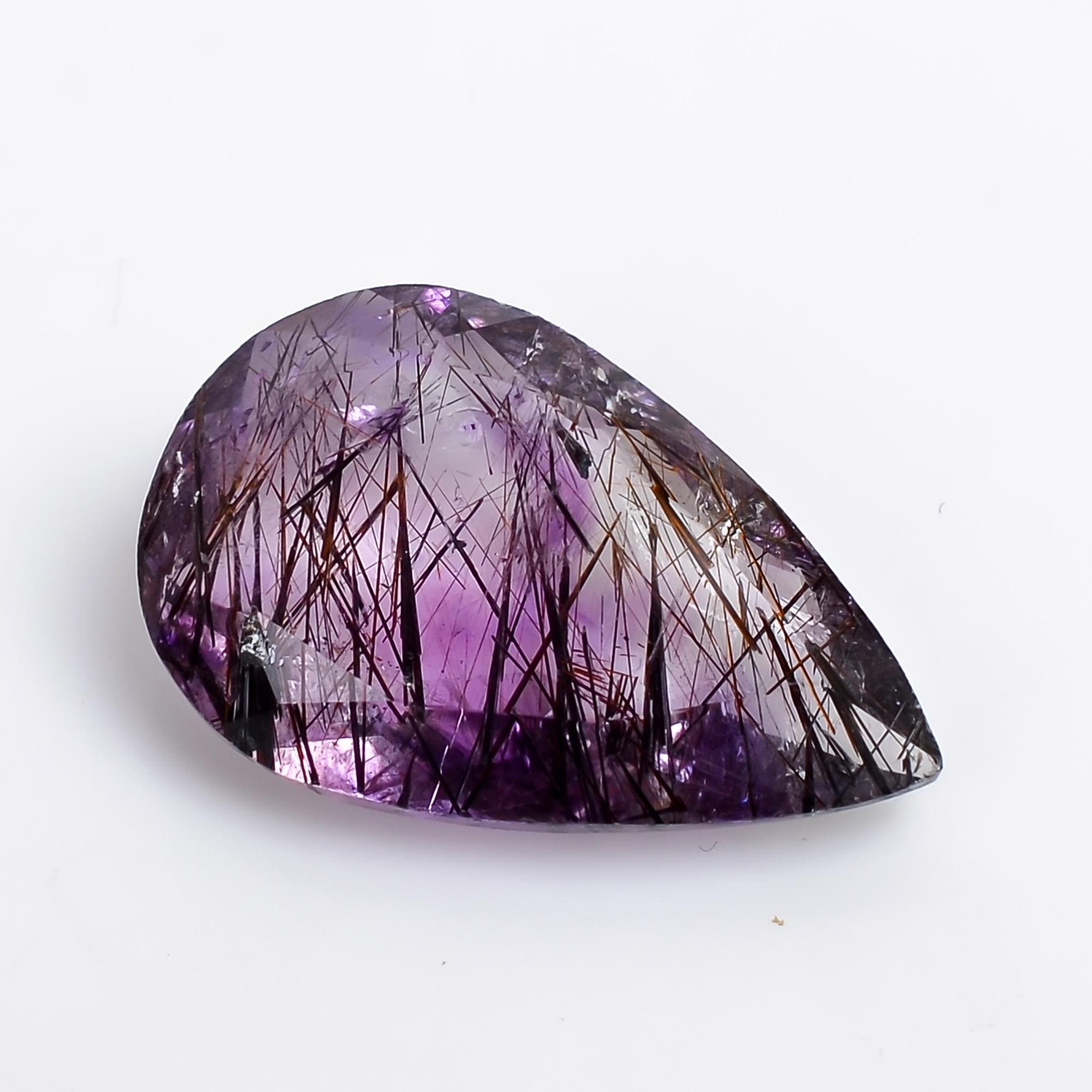 amethyst with cacoxenite natural quartz pear shape cut stone loose gemstone